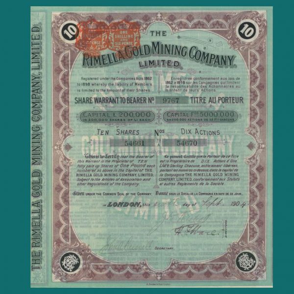 An historical witness Share certificate of an old mine AZIONI RIMELLA GOLD MINING An historical witness Share certificate of an old mine